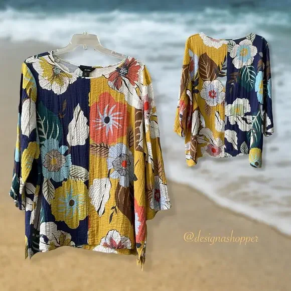 Ali Miles Artsy BOHO Cool and Comfortable Blocked Floral Tunic Top 2X - Picture 1 of 6